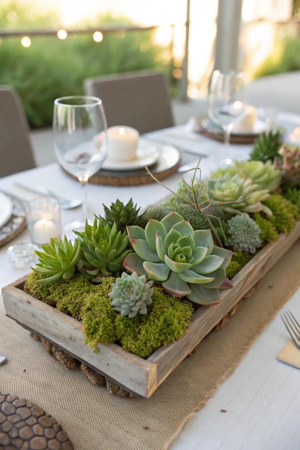 Succulents and moss offer natural beauty to the table.