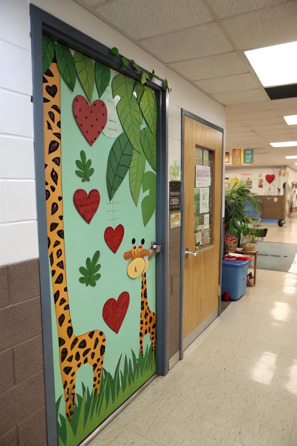 A wilderness-themed classroom entrance with animal imprints and heart-shaped foliage.