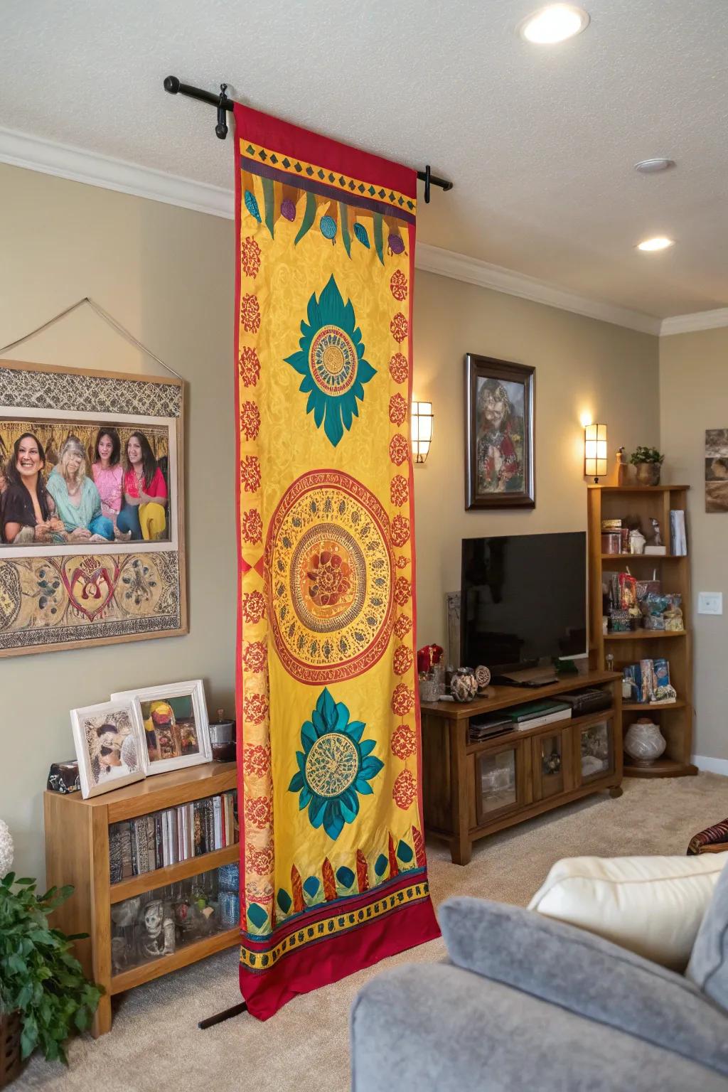 Cultural patterns featured on a vertical banner infuse depth and personality into a family space.