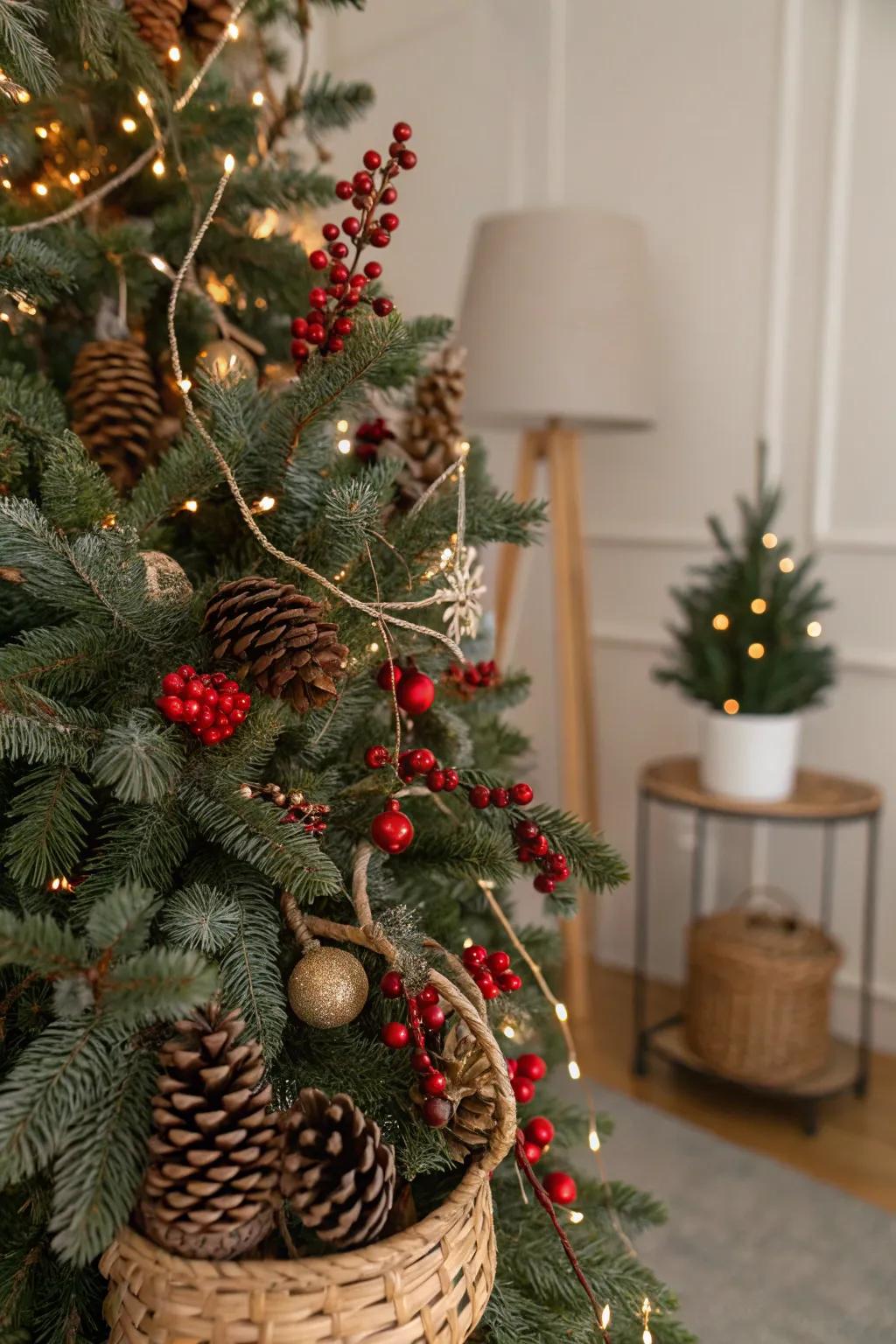 Natural elements enhance the vintage feel of this tree.