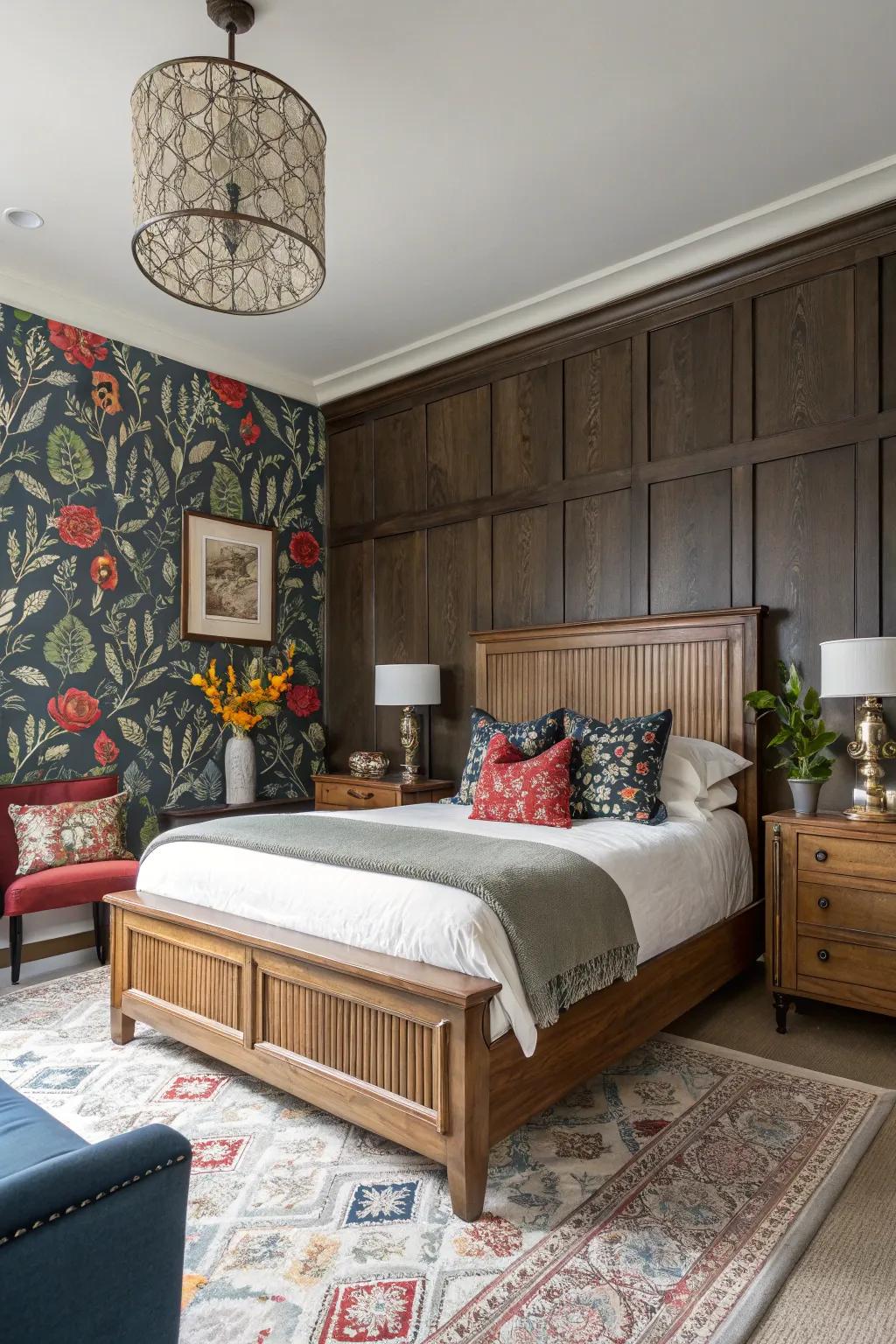 Paneling and striking wallpaper create a diverse and customized area.