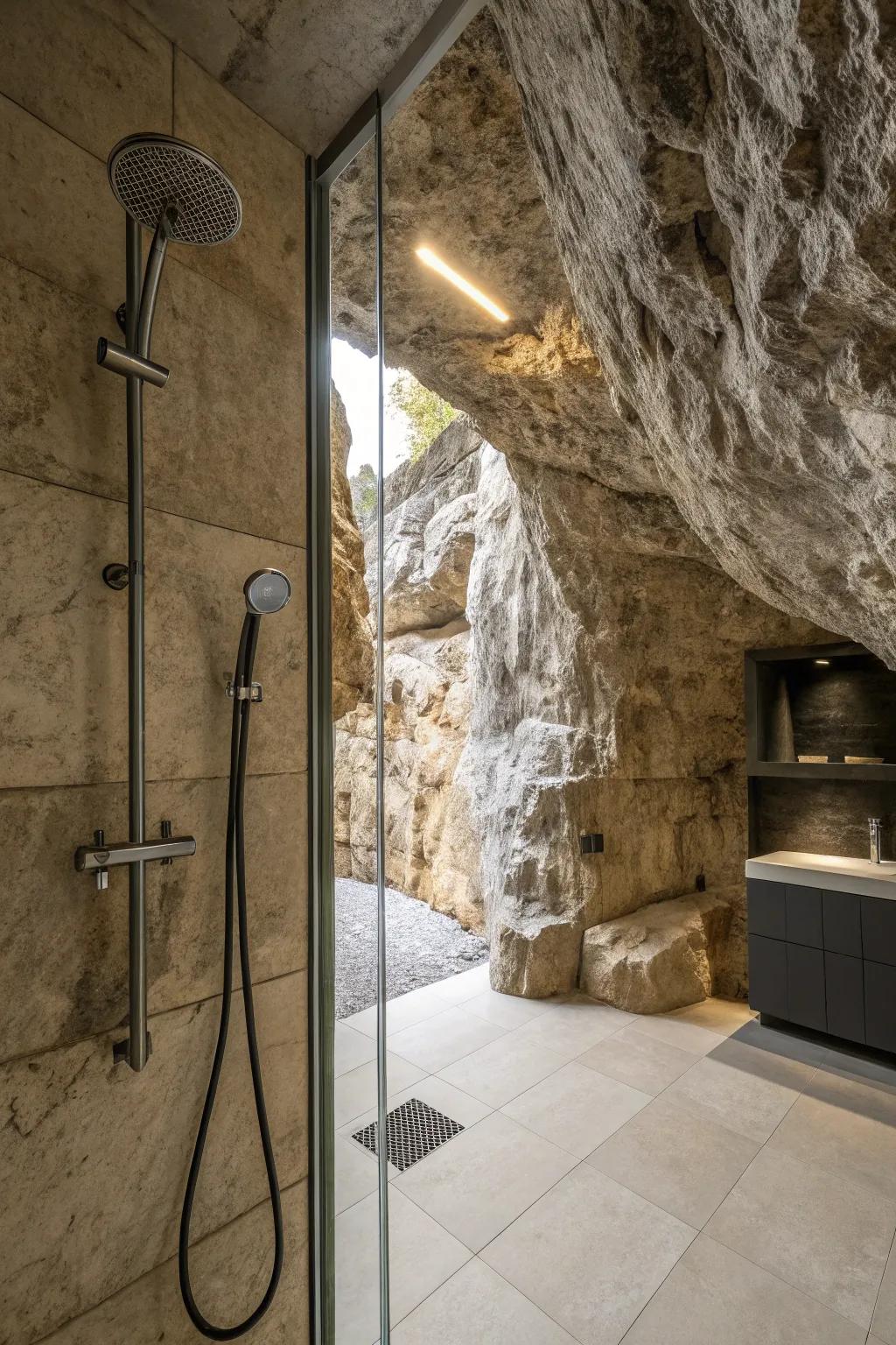 Cavern shower enclosure with fashionable fixtures and rock walls.