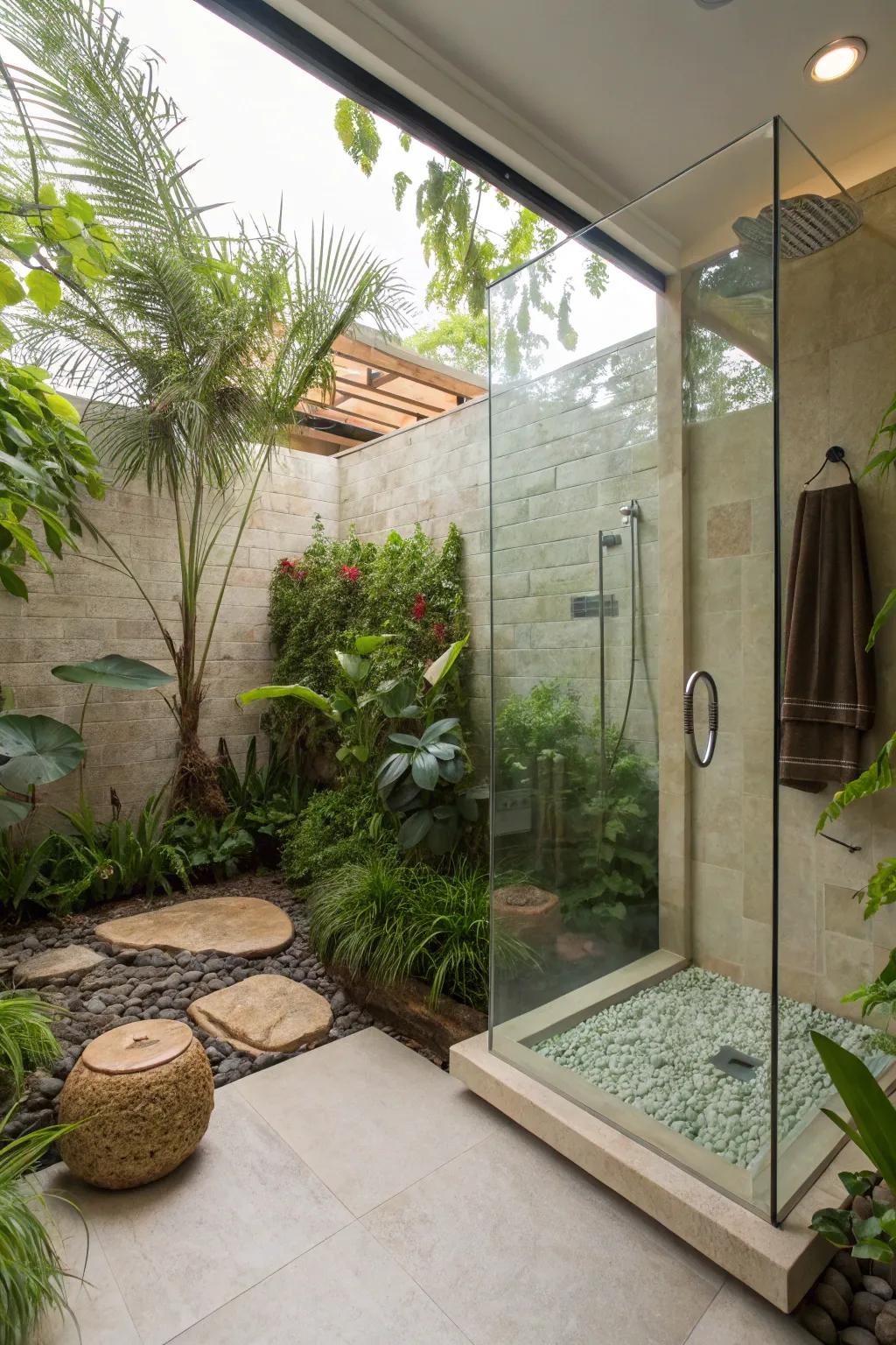 Lush greenery adds a natural touch to this walk-in shower.