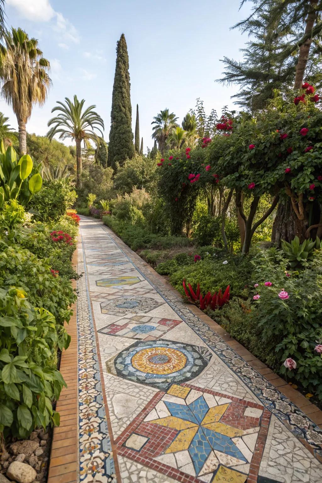 Mosaic layouts inject artistic flair and hue into your garden trail.