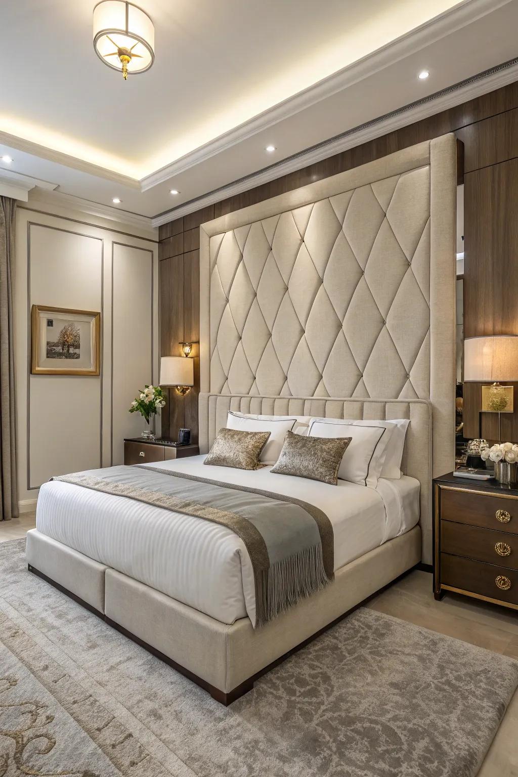An expanded headboard contributes grandeur to the sleep chamber.