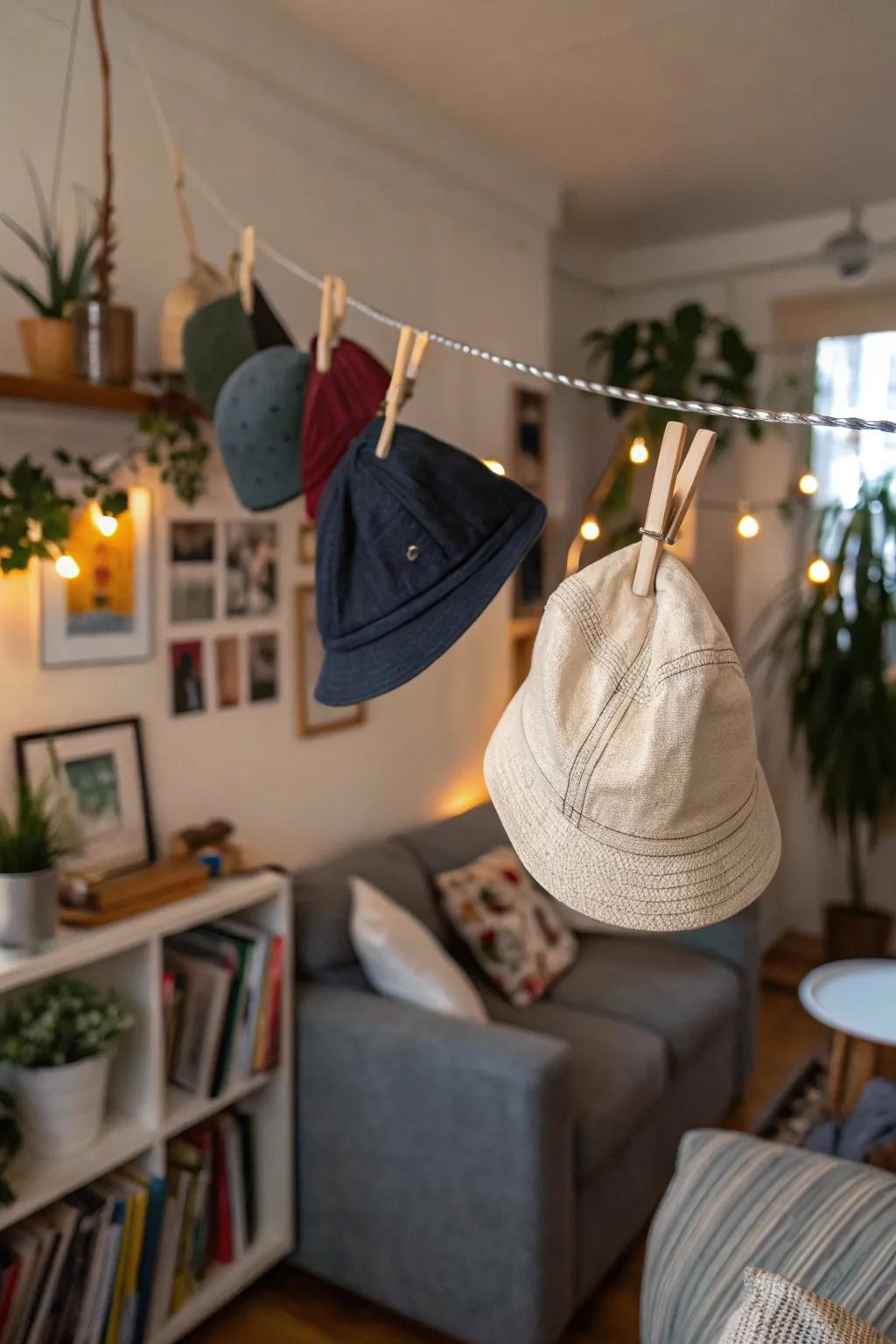 A casual hat display using cord and clothespins