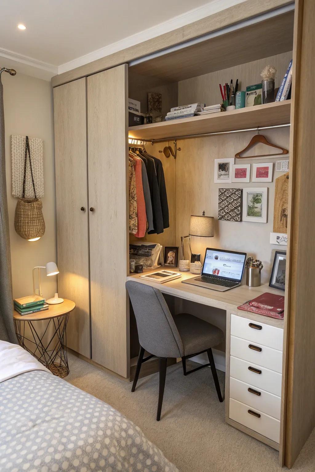 A closet cleverly integrated with a workspace.