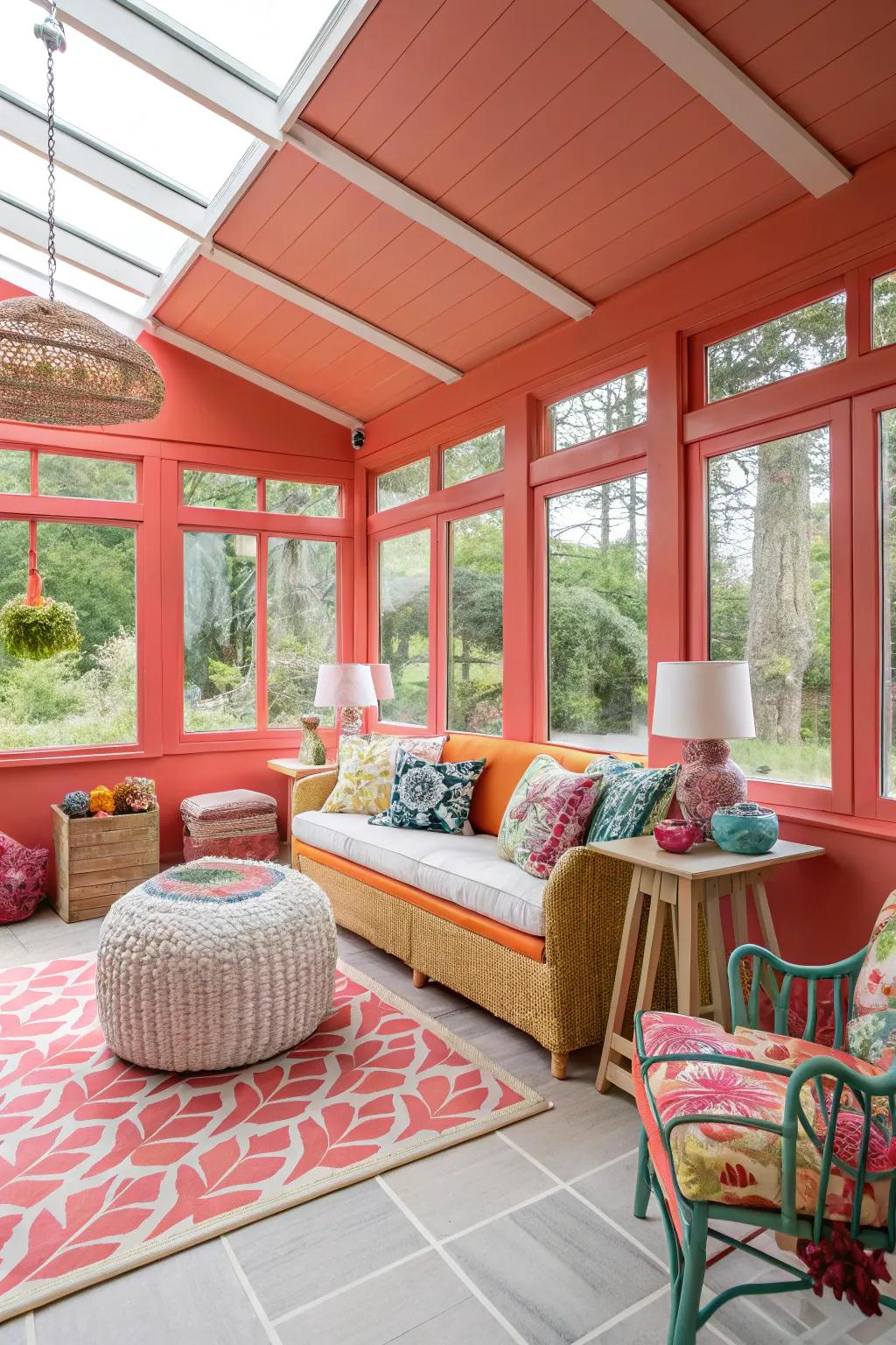 Sunroom with vibrant poppy walls, creating a bold and lively statement.