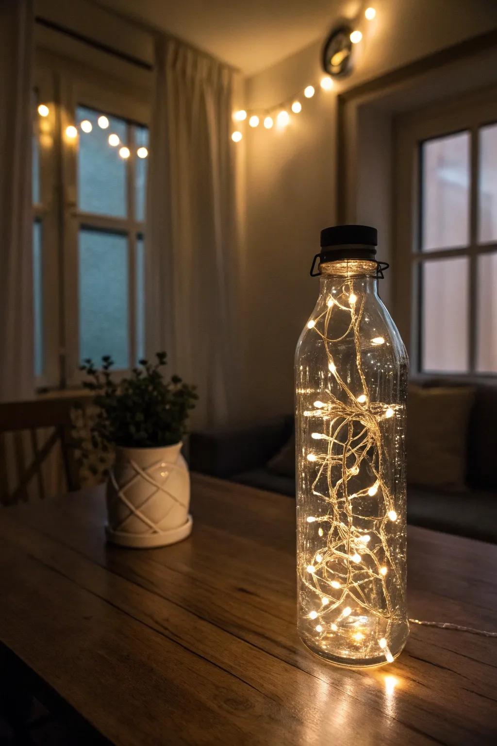 A beverage container packed with pleasant enchanting lights radiating a spellbinding glow.