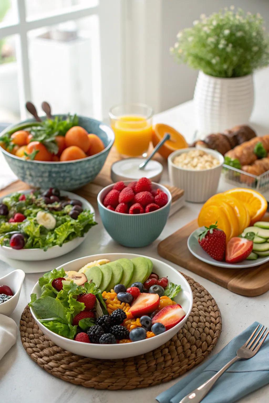 A healthy and vibrant breakfast spread featuring fresh fruits and vegetables.