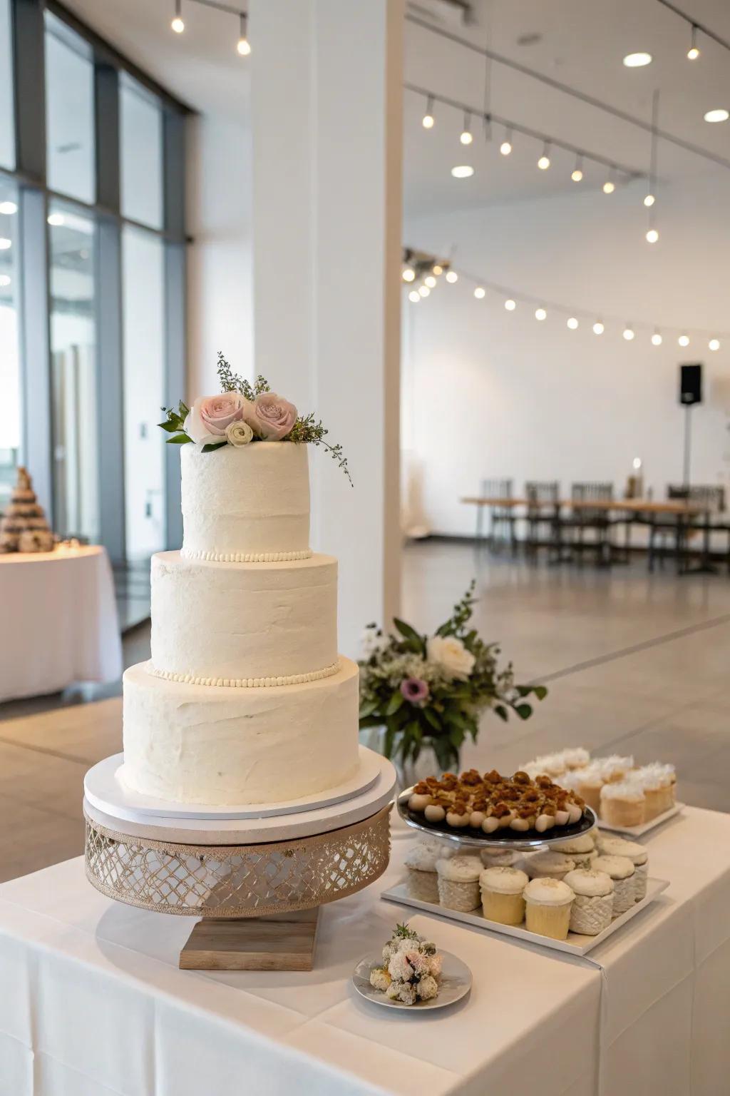 A sleek, modern wedding cake display with minimalistic charm.