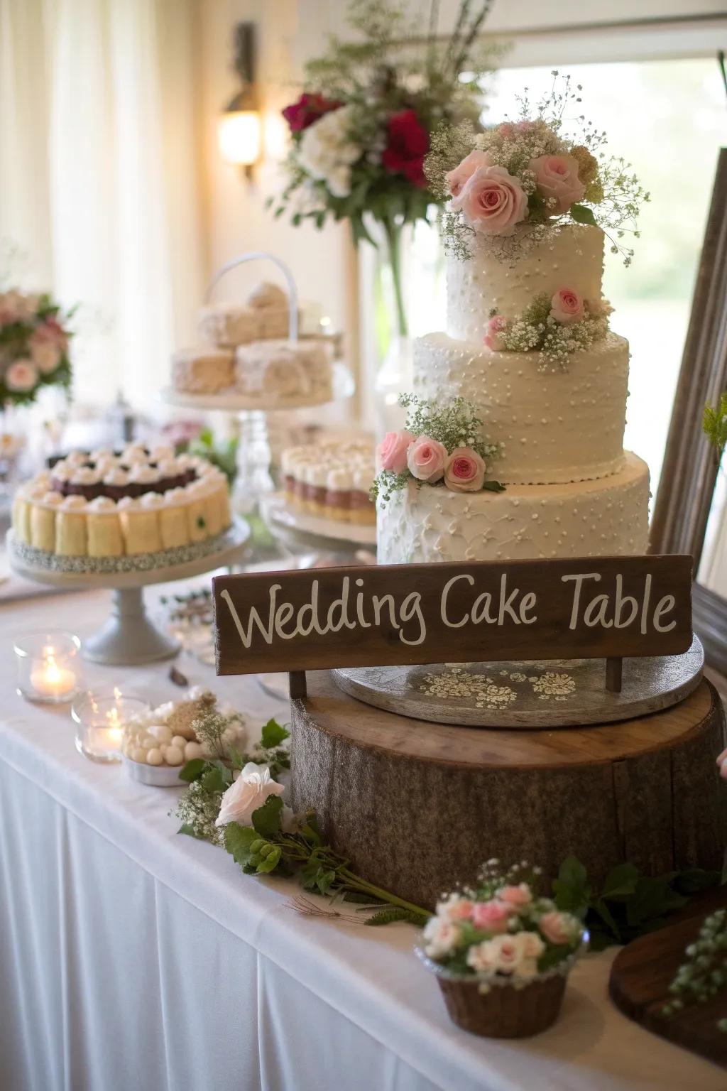 Playful signage adds charm to the cake table.