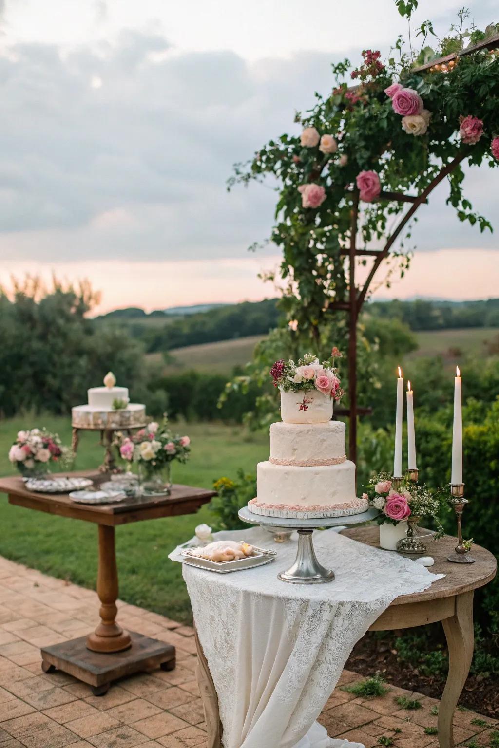 A wedding cake table set against a lush garden backdrop.