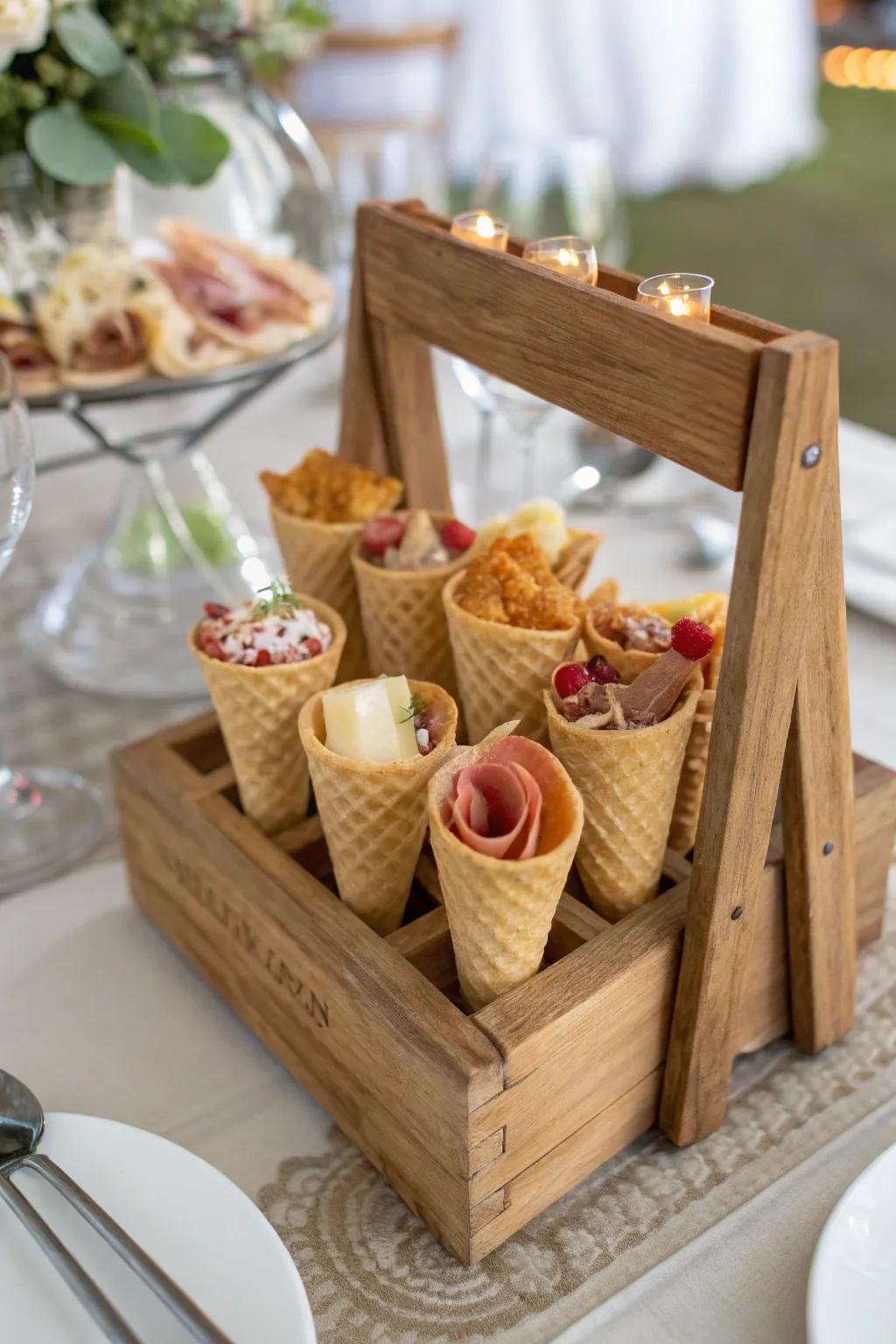 Miniature snack cones offer a playful and convenient option.