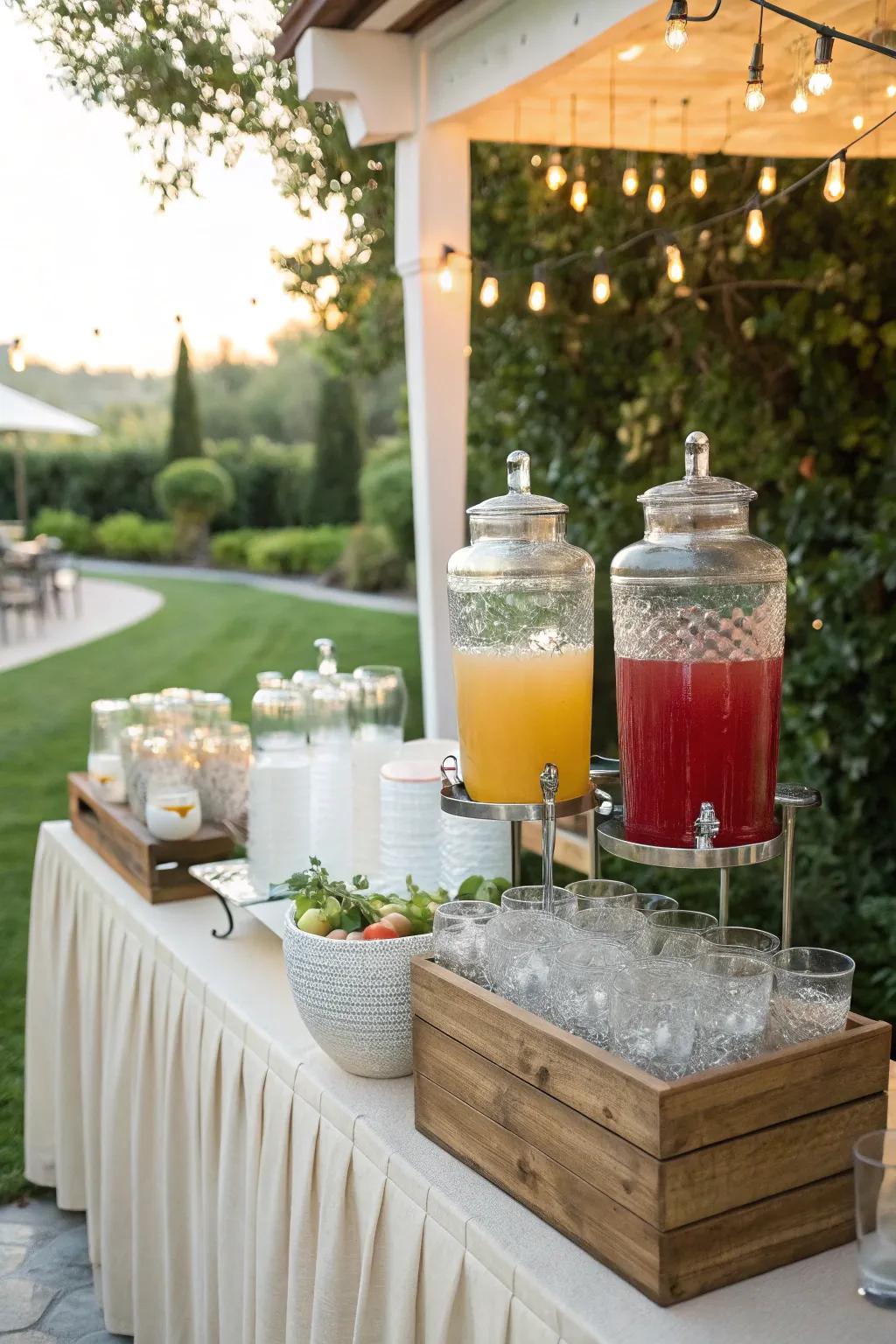 A inventive wedding drink station featuring glass dispensers with a variety of refreshing drinks.