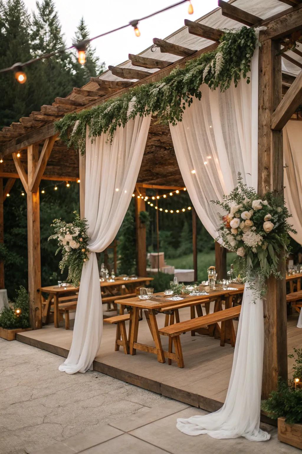 Create rustic charm by pairing fabric with natural lumber elements.