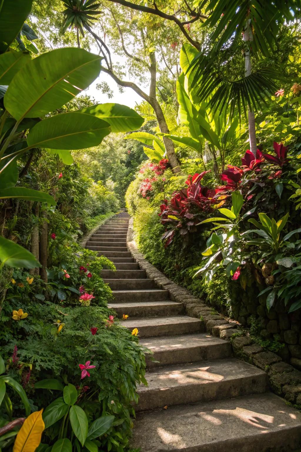 Tropical foliage establishes an exotic and lavish atmosphere on this staircase.