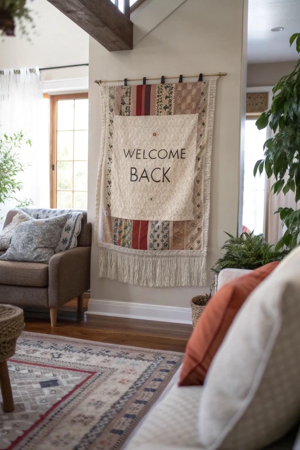 Textured fabric elements enhance a welcome back poster in a living room.