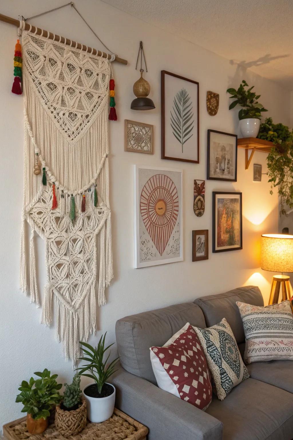 Boho wall art featuring macramé and creative hangings.