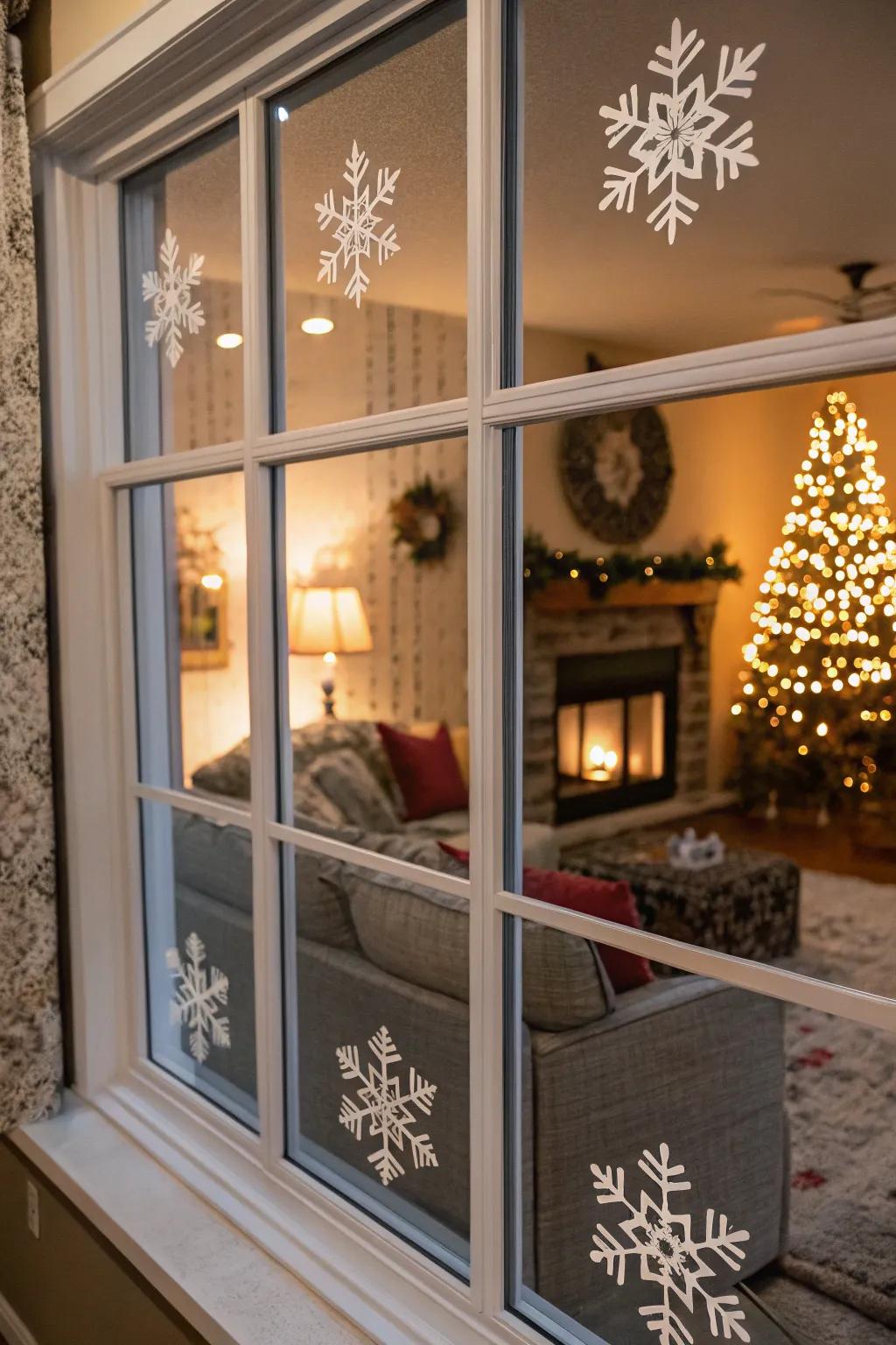Snowflake appliques conjure a whimsical winter vista directly onto your panes.