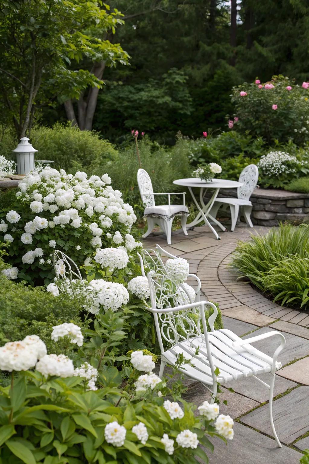 Pale garden furnishings complement the serene design of a pale garden.