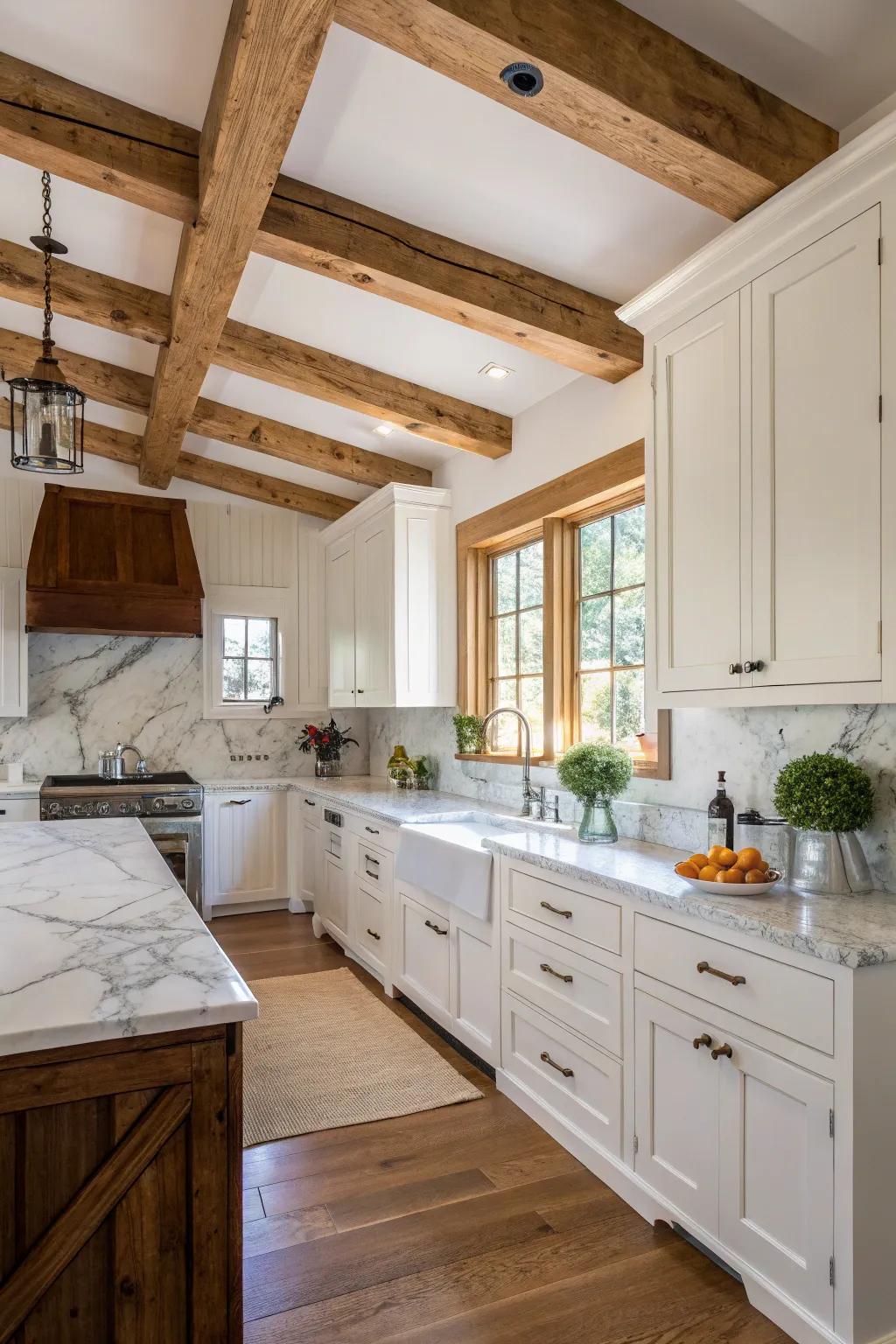 Uncovered supports incorporate rustic charm to this spacious cooking area.