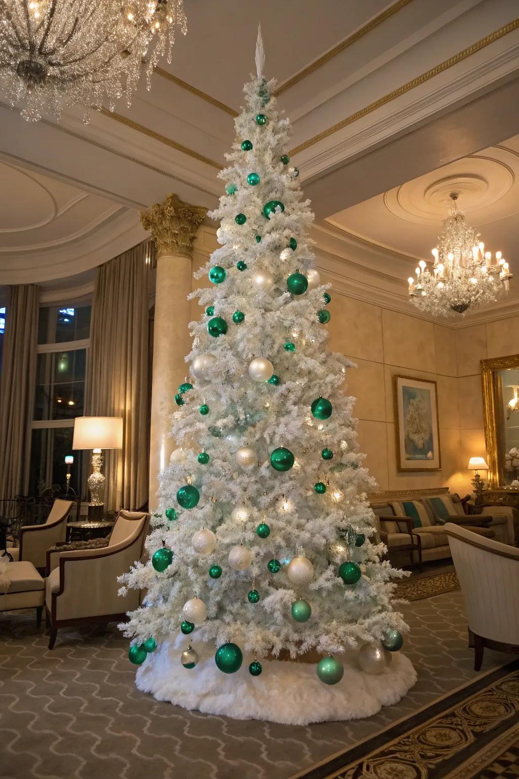 An elegant emerald-themed white pencil tree using green and ivory decorations.
