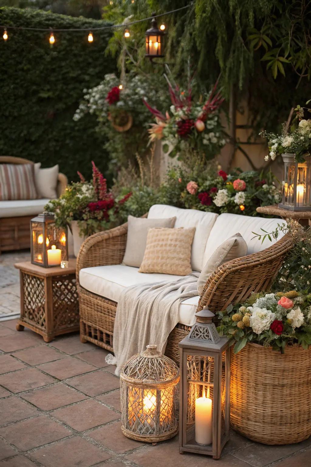 Personalizing with greenery and lanterns for a cozy ambiance.