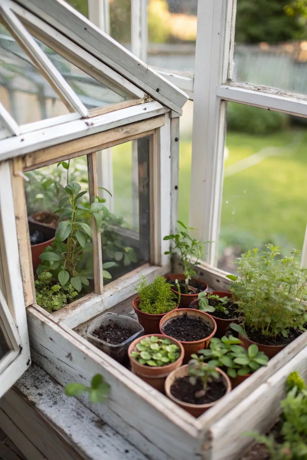 Mini greenhouses with window frames nurture plants indoors.