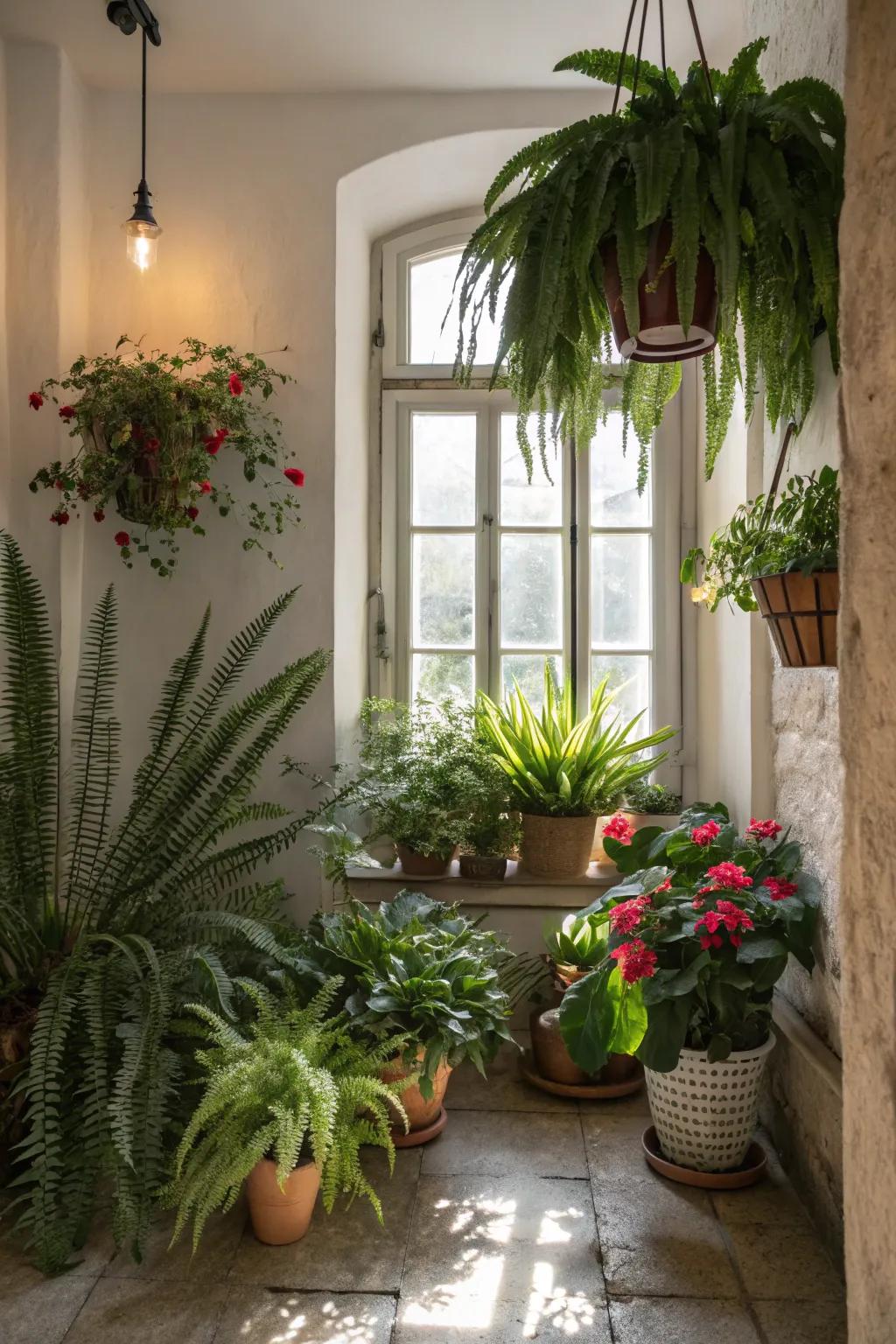 Rich greenery near the window creates a lively atmosphere.