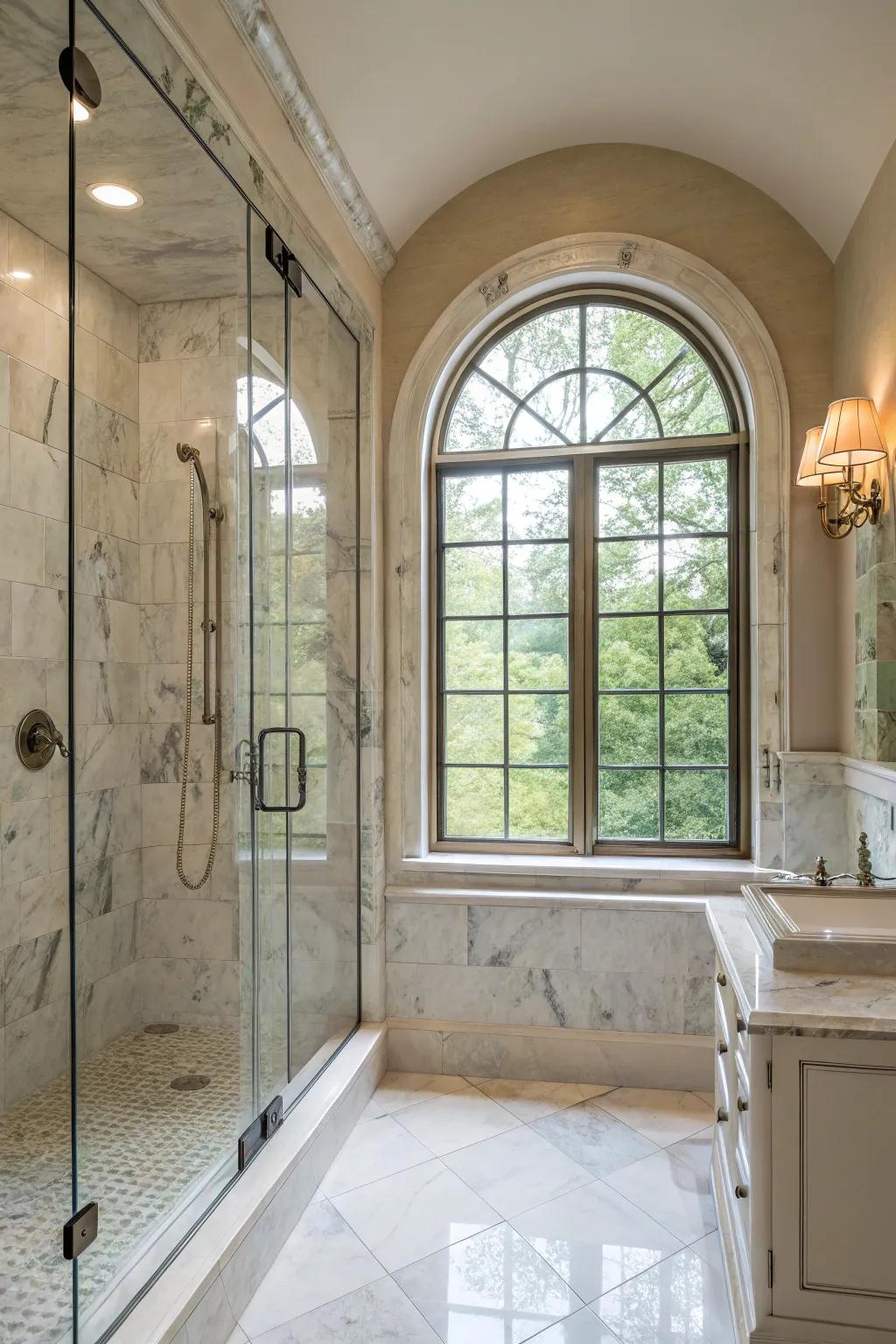The incorporation of a vaulted window amplifies the elegance of the shower precinct.