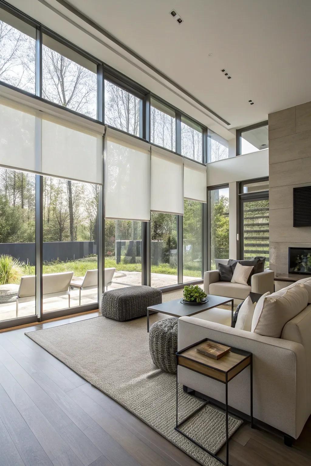 Roll-down shades provide solitude in a streamlined, minimalist design.
