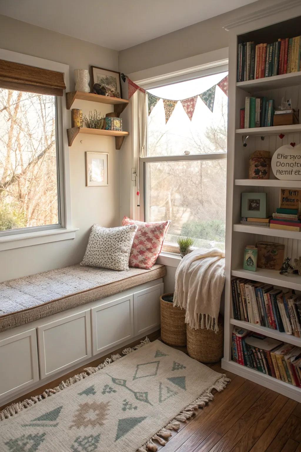 A do-it-yourself window reading nook features personalized details.