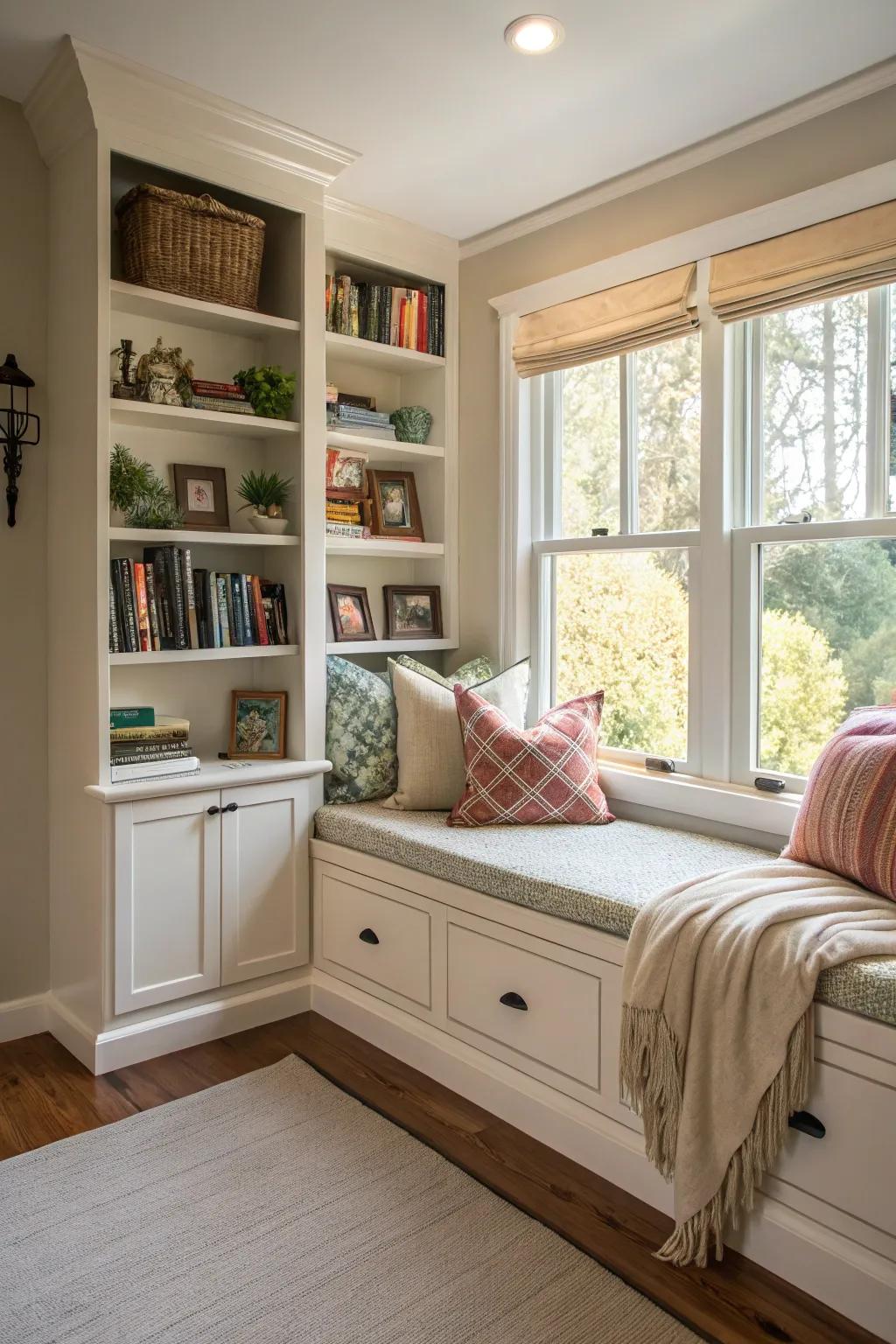 Transform a storage space into a comfortable, secluded window nook.