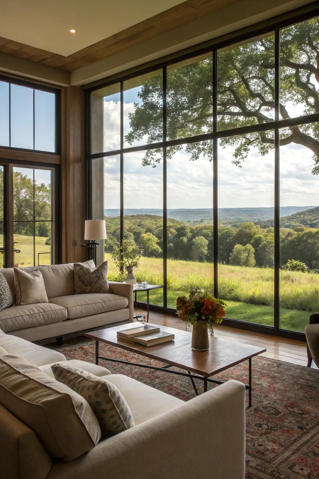 Expansive windows present awe-inspiring panoramas and abundant natural illumination.