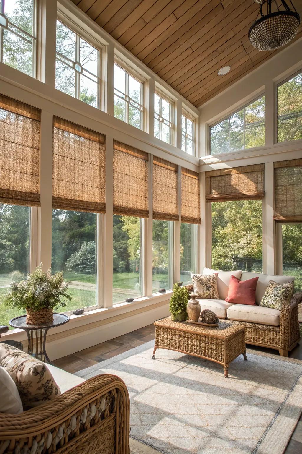 Woven wood shades provide texture and a rustic feel.