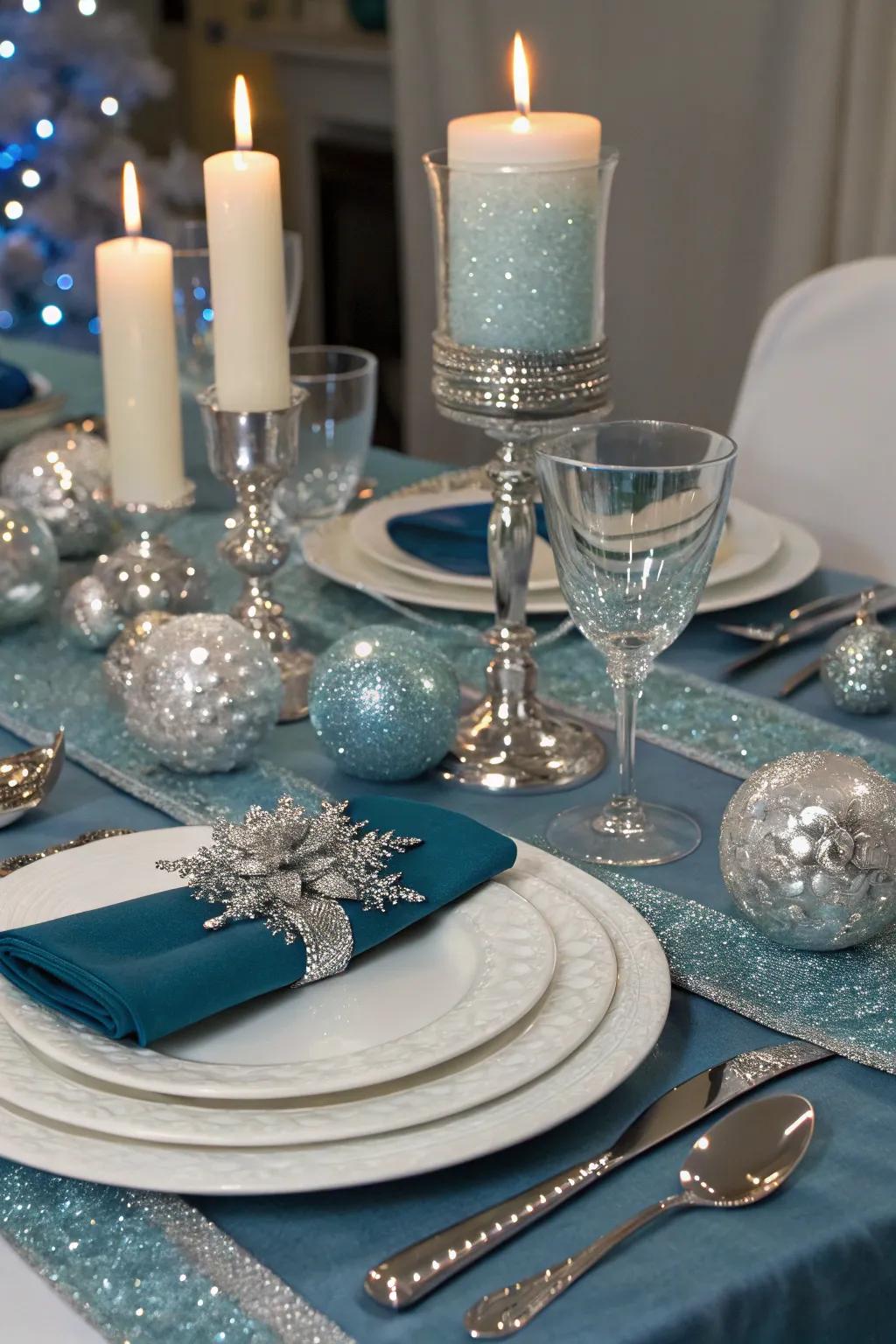 Sparkling dining arrangements enhance the winter wonderland motif.