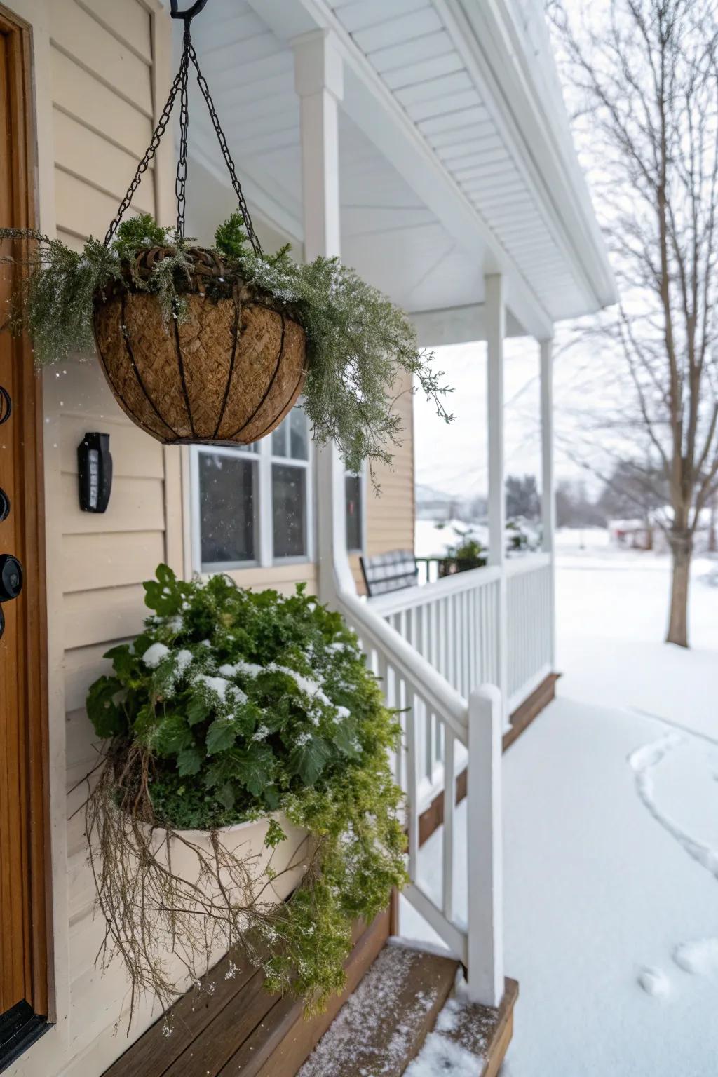 A suspended door basket filled with winter greenery.