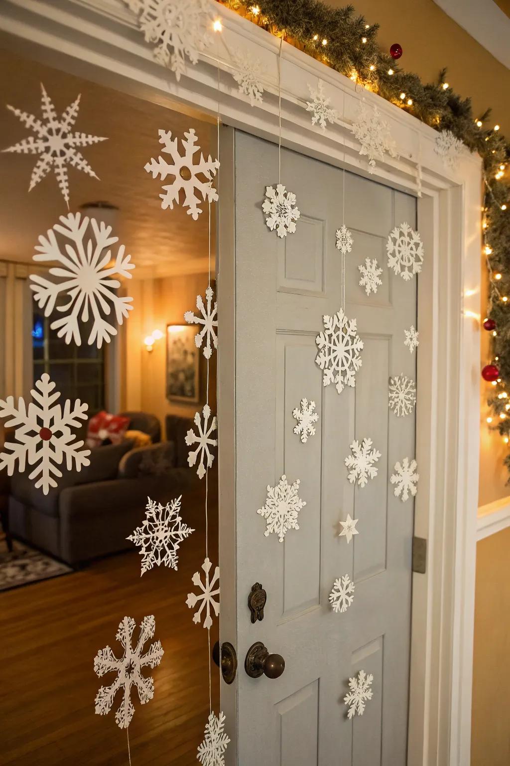 Snowflake die-cuts deliver winter playfulness to your doorway.