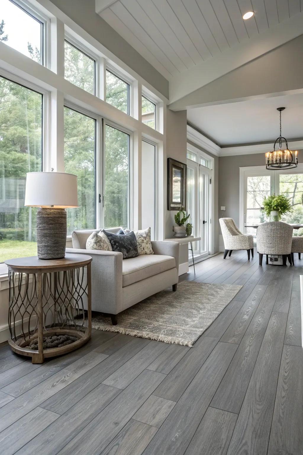 Fashionable interior featuring refined gray timber flooring.
