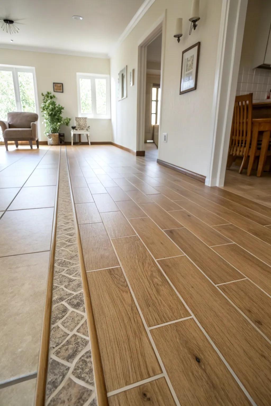 A minimalist interior displaying seamless grout line shift from tile to wooden floors.