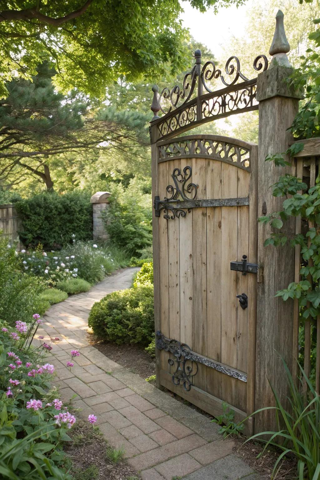 Metal accents enhance the elegance of wooden gates.