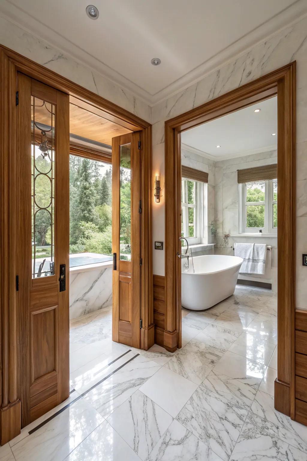 Dual-hinged doors add a hint of sophistication to spacious bathrooms.