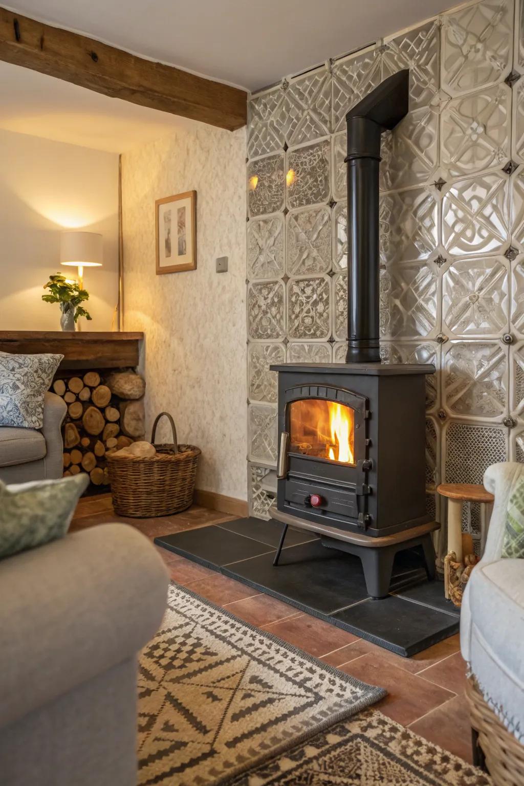 Textured tiles add depth and interest to your wood stove surround.