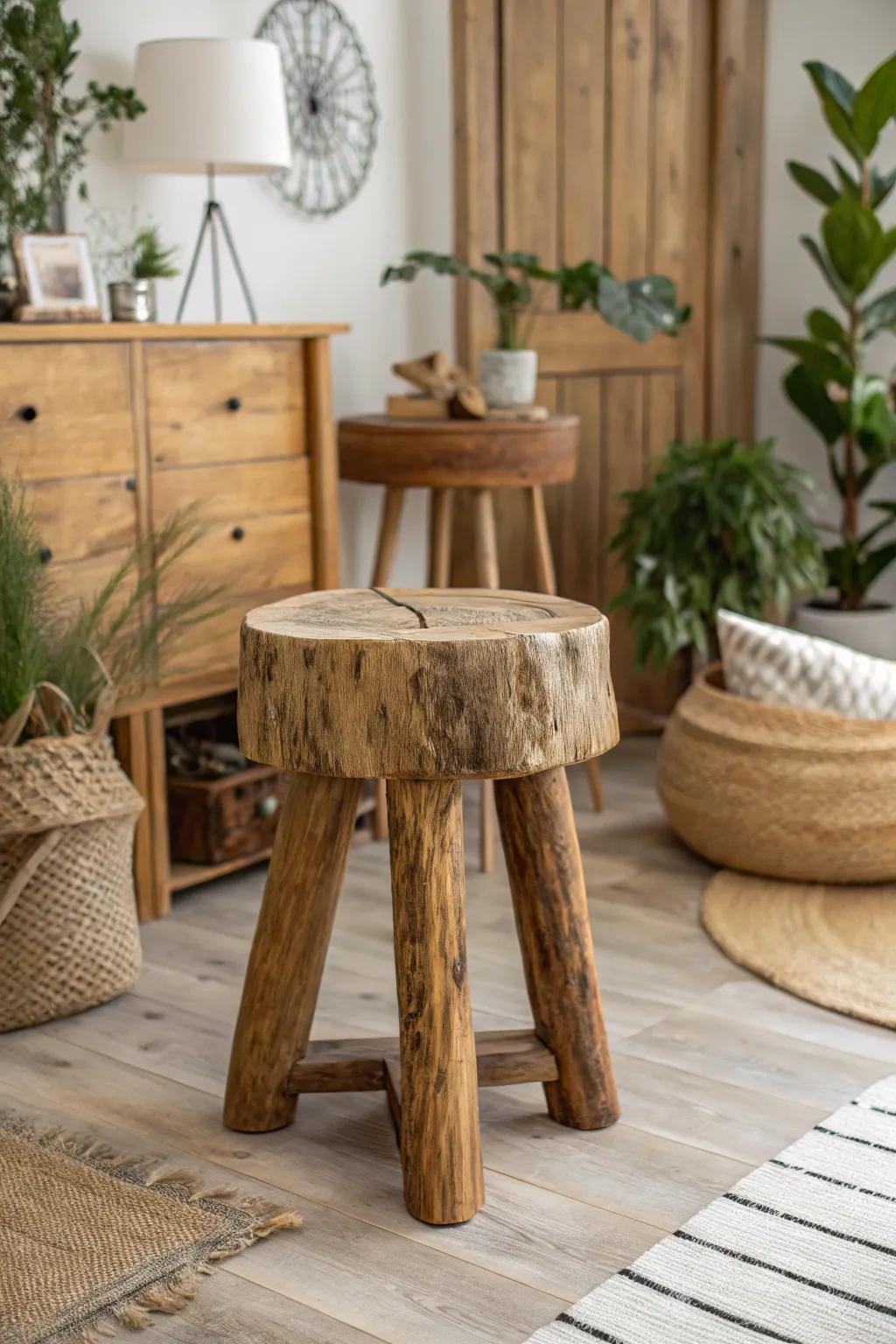 Natural beauty shines in this raw wooden stool.