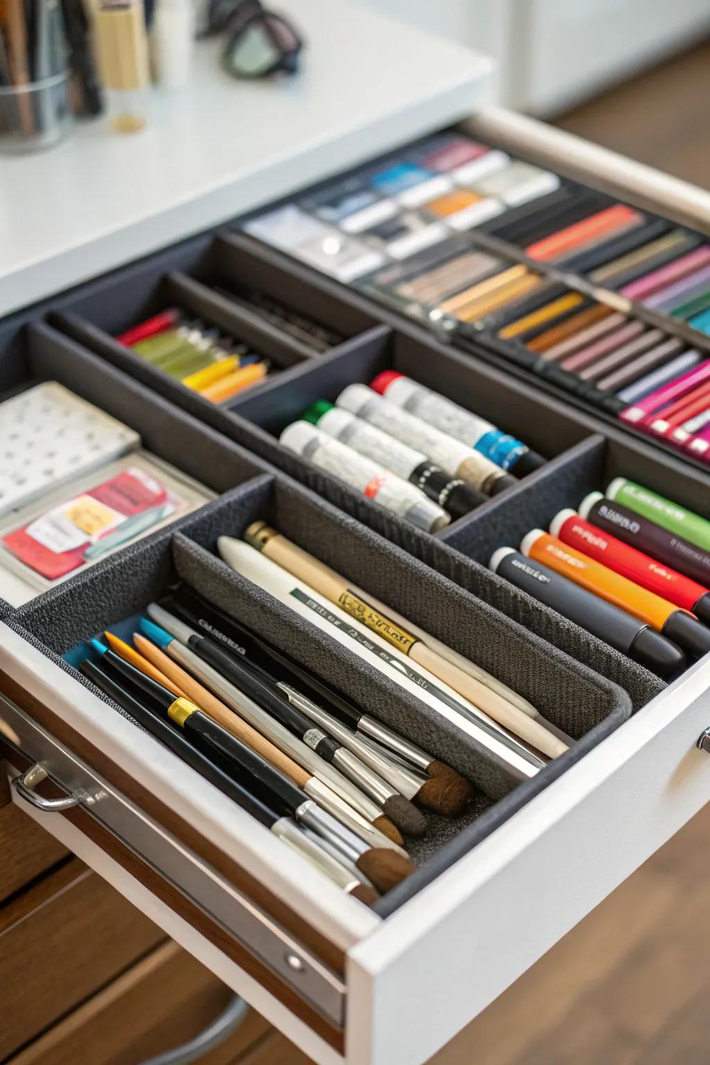 An art drawer maintains material organization and accessibility.