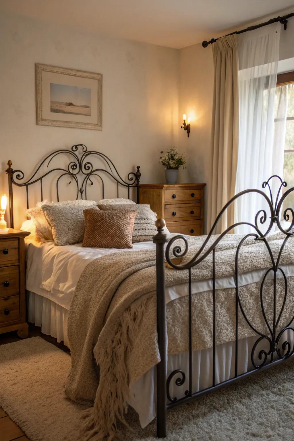Your bedroom is given a romantic touch by a metal bed frame.