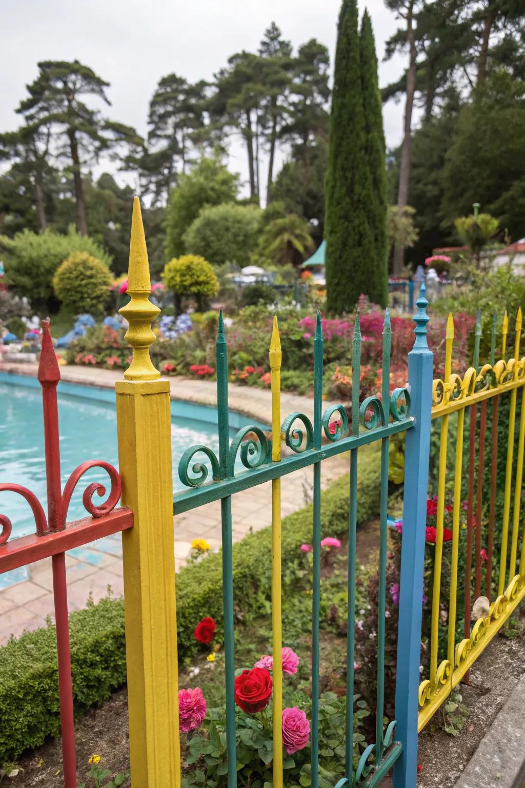 Vibrant touches on a fashioned iron barricade infuse liveliness into this pool setting.