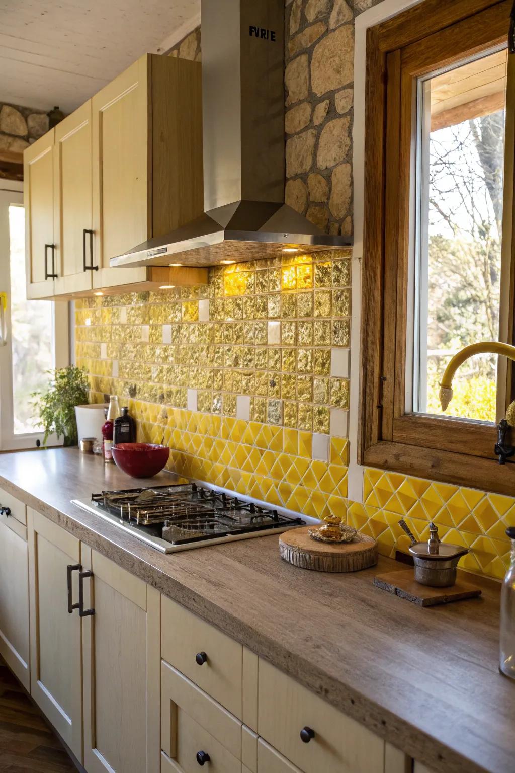 Tessellated tiles in shades of yellow add depth and texture.