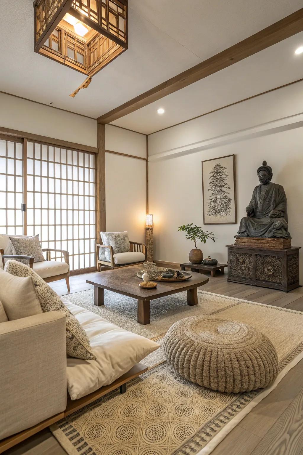 Varied surfaces add dimension and comfort to the living space.